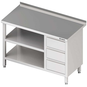 Stół przyścienny z blokiem trzech szuflad (P),i 2-ma półkami 1500x700x850 mm