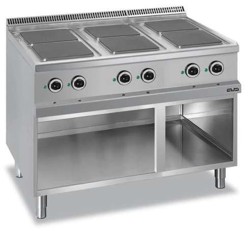 Kuchnia elektryczna 6-płytowa na podstawie z trzech stron zamkniętej, z kwadratowymi płytami linia 700 Hendi MG7E6A77Q