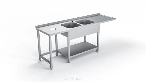 Stół nierdzewny ze zlewem 2-komorowym, otworem i miejscem na zmywarkę 210 - 280 cm