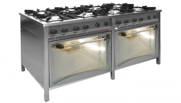 Trzon 8-palnikowy na gaz z dwoma piekarnikami elektrycznymi