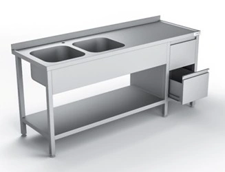 Stół ze zlewem 2-komorowym i szufladami - 140-200 cm