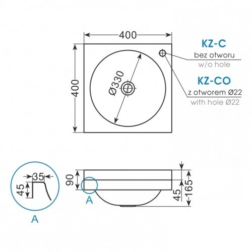 Umywalka okrągła z otworem Ø22 mm KZ-CO
