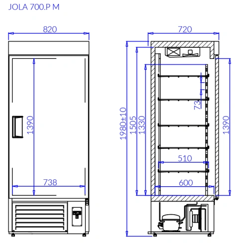 Pojedyncza szafa mroźnicza z pełnymi drzwiami, samodomykacz, 5 półek, ogrzewane ościeżnice | IGLOO JOLA P M, JOLA P AG M